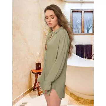 TOUSYEA Sleep Shirts for Women Button Down Shirts Long Sleeve Sleepwear Swimsuit Cover Ups Soft Pajama Tops Green L