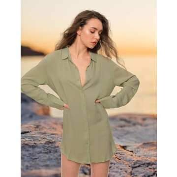 TOUSYEA Sleep Shirts for Women Button Down Shirts Long Sleeve Sleepwear Swimsuit Cover Ups Soft Pajama Tops Green L