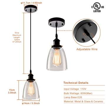 GLADFRESIT Kitchen Pendant Lighting for Island, Industrial Edison Hanging Light with Clear Glass, Adjustable Nylon Core Ceramic Holder Lighting Fixture Indoor for Dining Room (Bulb Not Included)