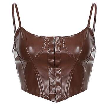 Meihuida Women Leather Corset Top Y2k Brown S