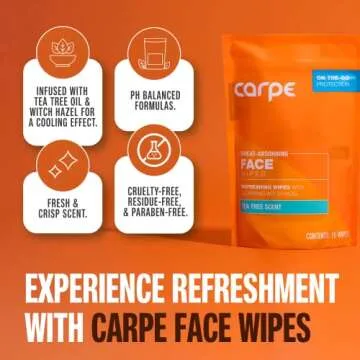 Carpe Sweat Absorbing Face Wipes (15 Facial Wipes). Witch Hazel & Tea Tree Oil Wipes Infused with Eu...
