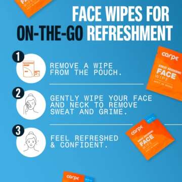 Carpe Sweat Absorbing Face Wipes (15 Facial Wipes). Witch Hazel & Tea Tree Oil Wipes Infused with Eucalyptus. Energizing, Refreshing, and Soothing. Sweat and Oil Control