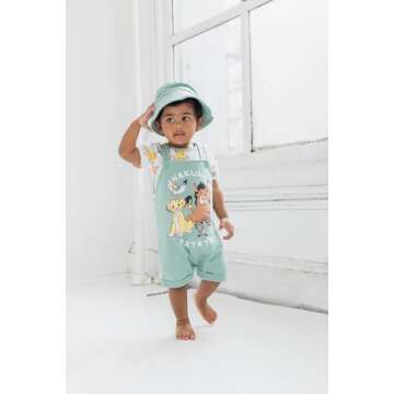 Disney Lion King Simba Timon Pumbaa Newborn Baby Boys French Terry Short Overalls T-Shirt & Hat 3 Pi...