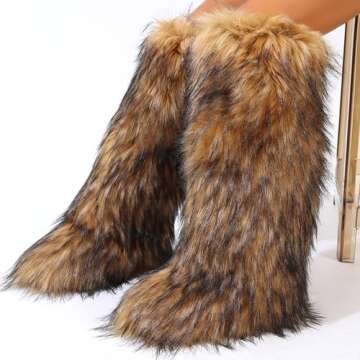 Valpeak Womens Faux Fur Boot Winter Fluffy Long Furry Boots for Girls Outdoor Fuzzy Knee-High Boots(...