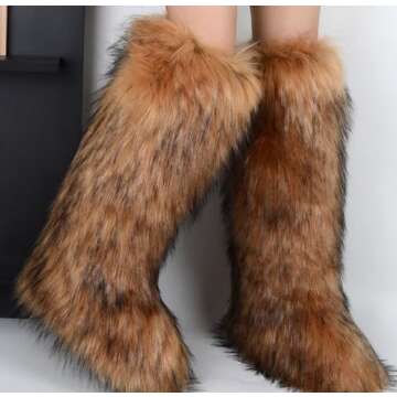 Valpeak Womens Faux Fur Boot Winter Fluffy Long Furry Boots for Girls Outdoor Fuzzy Knee-High Boots(Brown,7)