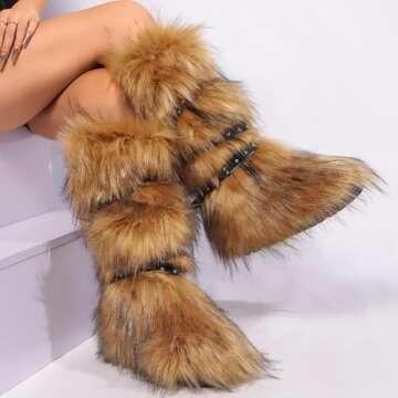 Valpeak Womens Faux Fur Boot Winter Fluffy Long Furry Boots for Girls Outdoor Fuzzy Knee-High Boots(Brown,7)