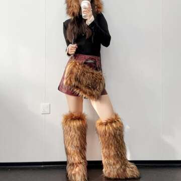 Valpeak Womens Faux Fur Boot Winter Fluffy Long Furry Boots for Girls Outdoor Fuzzy Knee-High Boots(Brown,7)