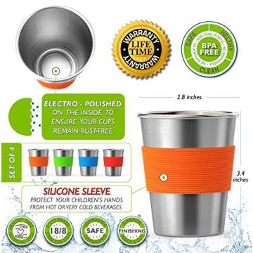 Stainless Steel Cups for Kids and Toddlers 8 oz. with Silicone Sleeves - Small Metal Cups for Home &...