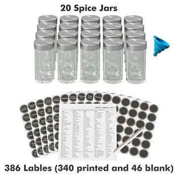 Revolving Spice Rack with 20 Jars and 386 Labels