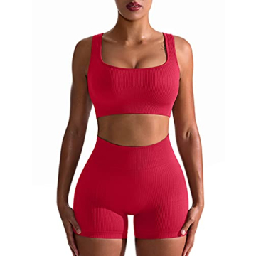 OQQ Workout Outfits for Women 2 Piece Seamless Ribbed High Waist Leggings with Sports Bra Exercise Set Brightred