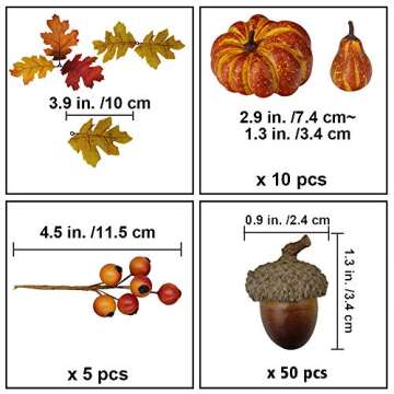 Winlyn 110 Pcs Artificial Autumn Gourds, Mini Pumpkins, Pine Cones, Leaves, Acorns and Berries Fall Decorating Kit Thanksgiving Halloween Party Decor