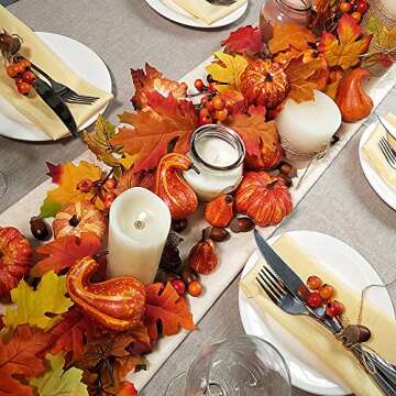 Winlyn 110 Pcs Artificial Autumn Gourds, Mini Pumpkins, Pine Cones, Leaves, Acorns and Berries Fall Decorating Kit Thanksgiving Halloween Party Decor