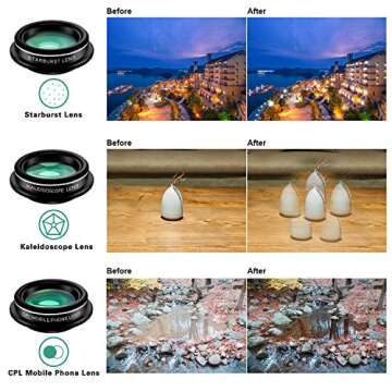 Phone Camera Lens Kit, 9 in 1 Zoom Universal Telephoto Lens+198° Fisheye lens + 0.36 Super Wide Angle Lens + 0.63X Wide Lens +20X Macro Lens + 15X Macro Lens + CPL + Kaleidoscope Lens + Starburst Lens