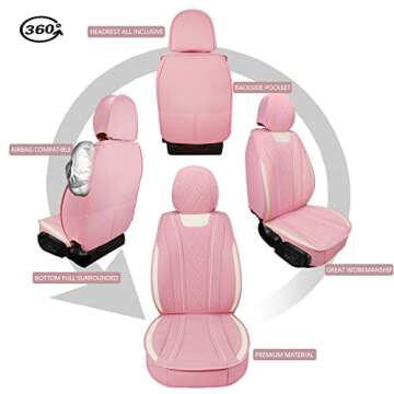 Car Seat Covers Full Set, Super Luxurious Heavy Duty Waterproof Leather Automotive Vehicle Cover for Cars SUV Pick-up Truck, Universal Non-Slip Seat Car Accessories (Full Set/Pink)