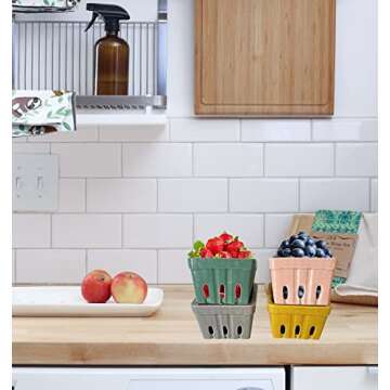 First of a Kind Stoneware Berry Baskets - Set of 4 Berry Containers Bowl - Multicolor - 4.25 Inch Square kitchen Fruit Basket, Farmhouse Ceramic Berry Basket Bins for Veggie, Berry & Fruits (Style 9)