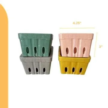 First of a Kind Stoneware Berry Baskets - Set of 4 Berry Containers Bowl - Multicolor - 4.25 Inch Square kitchen Fruit Basket, Farmhouse Ceramic Berry Basket Bins for Veggie, Berry & Fruits (Style 9)