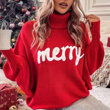 Muineobuka Women Merry Sweaters Turtleneck Long Sleeve Letter Print Loose Knitted Pullover Merry Christmas Sweater Red