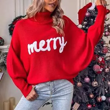 Muineobuka Women Merry Sweaters Turtleneck Long Sleeve Letter Print Loose Knitted Pullover Merry Christmas Sweater Red