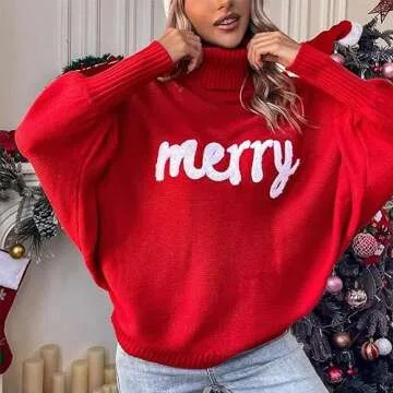 Muineobuka Women Merry Sweaters Turtleneck Long Sleeve Letter Print Loose Knitted Pullover Merry Christmas Sweater Red