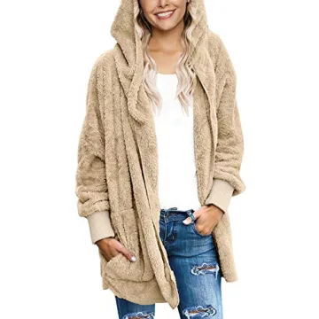 LookbookStore Womens Fleece Coat Cozy Loungewear for Women Cardigan Jacket for Women Oversized Sherpa Jacket Apricot Winter Coat Old Money Aesthetic Clothing Size S Size 4 6