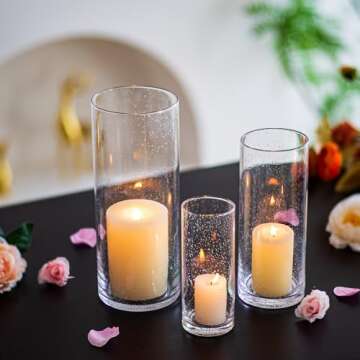 Glasseam Hurricane Candle Holder Set of 3, Clear Glass Candle Holders for Pillar Candles, Modern Cylinder Vases for Centerpieces, Floating Candle Vases for Centerpieces Wedding Decor, 4''+ 6''+ 8''