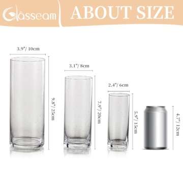 Glasseam Hurricane Candle Holder Set of 3, Clear Glass Candle Holders for Pillar Candles, Modern Cylinder Vases for Centerpieces, Floating Candle Vases for Centerpieces Wedding Decor, 4''+ 6''+ 8''
