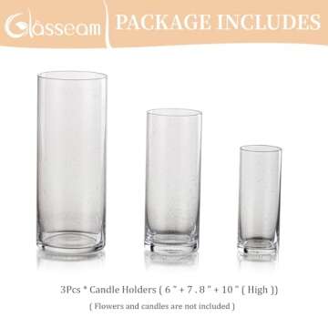 Glasseam Hurricane Candle Holder Set of 3, Clear Glass Candle Holders for Pillar Candles, Modern Cylinder Vases for Centerpieces, Floating Candle Vases for Centerpieces Wedding Decor, 4''+ 6''+ 8''