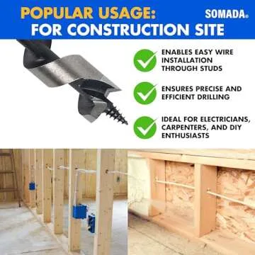 SOMADA 1/2-Inch x 8-Inch Auger Drill Bit for Wood, Quick Change Hex Shank 3/8-Inch One Piece, Ship Auger Long Drill Bit for Soft and Hard Wood, Plastic, Drywall and Composite Materials