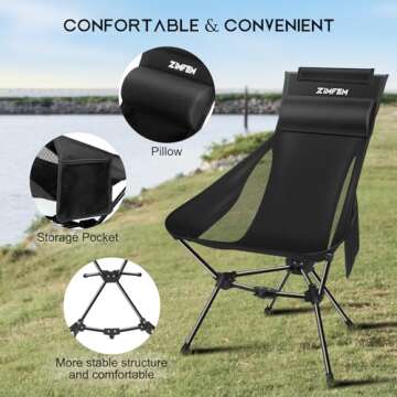 ZIMFEM Camping Chairs, Portable Camping Chair with Headrest and Storage Bag, Lightweight Foldable Chair for Outside Camping, Hiking, Travel, Beach and Sports