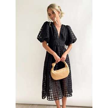 Chic Square Patterned Fabric Puff Sleeve Dress - 2023 Women's A-Line Midi