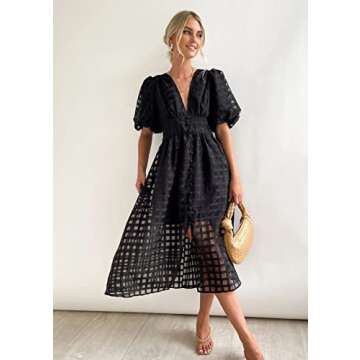 Stylish Square Patterned Puff Sleeve A-Line Midi Dress