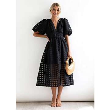 Stylish Square Patterned Puff Sleeve A-Line Midi Dress