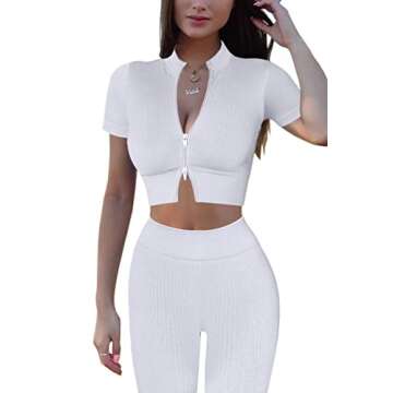 Mulisky Women’s 2 Piece Workout Sets for Women Zipper Ribbed Crop Top Seamless High Waist Leggings Gym Yoga Outfits