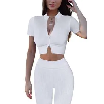 Mulisky Women’s 2 Piece Workout Sets for Women Zipper Ribbed Crop Top Seamless High Waist Leggings Gym Yoga Outfits