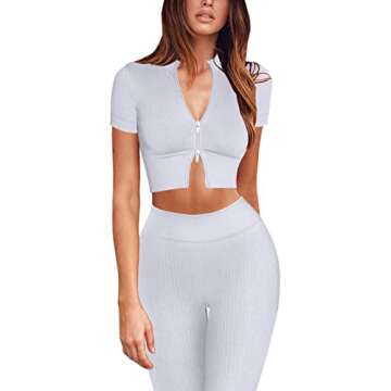 Mulisky Women’s 2 Piece Workout Sets for Women Zipper Ribbed Crop Top Seamless High Waist Leggings Gym Yoga Outfits
