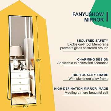 FANYUSHOW Full Length Mirror, Standing Hanging or Leaning Body Mirror, Simple Rectangle Design, Aluminum Alloy Thin Frame, Floor Mirror for Bedrooms, Bathrooms, Living Room (Black)