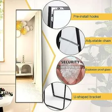 FANYUSHOW Full Length Mirror, Standing Hanging or Leaning Body Mirror, Simple Rectangle Design, Aluminum Alloy Thin Frame, Floor Mirror for Bedrooms, Bathrooms, Living Room (Black)