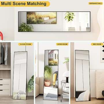 FANYUSHOW Full Length Mirror, Standing Hanging or Leaning Body Mirror, Simple Rectangle Design, Aluminum Alloy Thin Frame, Floor Mirror for Bedrooms, Bathrooms, Living Room (Black)