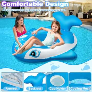 DeeprBlu Whale Inflatable Pool Float Chairs with Light, Solar Powered Large Animal Pool Float Water Floats for Adults, Floating Pool Chair with Cup Holder, Pool Float Lounger Pool Floaties for Adults