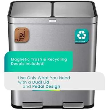 Home Zone Living 15.8 Gallon Kitchen Trash Can, Dual Removable Liners for Recycling and Trash with CleanAura, Wide Stainless Steel Shape (7.9 + 7.9 for 15.8 Gallon Total)