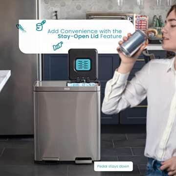 Home Zone Living 15.8 Gallon Kitchen Trash Can, Dual Removable Liners for Recycling and Trash with CleanAura, Wide Stainless Steel Shape (7.9 + 7.9 for 15.8 Gallon Total)