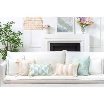 Hofdeco Premium Fall Coastal Patio Indoor Outdoor Lumbar Pillow Cover Only, 12"x20" Water Repellent for Backyard, Couch, Neutral Tan Stripe Fringe