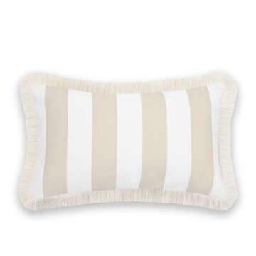 Hofdeco Premium Fall Coastal Patio Indoor Outdoor Lumbar Pillow Cover Only, 12"x20" Water Repellent for Backyard, Couch, Neutral Tan Stripe Fringe
