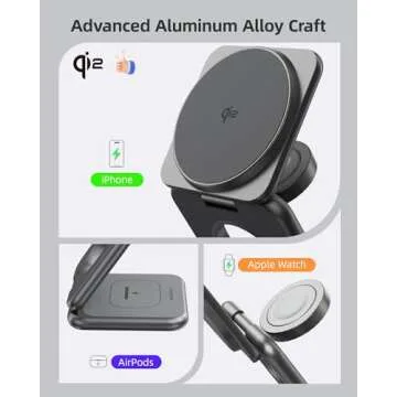 Foldable 3 in 1 Charging Station, Qi2 Certified 15W Magnetic Wireless Charger Stand, KU XIU X40Q Aluminum Alloy Travel Charger for iPhone 16/15/14, 5W for Apple Watch, AirPods, 45W PD Adapter, Gray