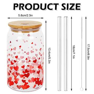 Whaline Valentine's Day Heart Drinking Glasses Set 2Pcs with Bamboo Lids Glass Straw and Cleaning Brushes for Cocktails Whiskey Beer Soda
