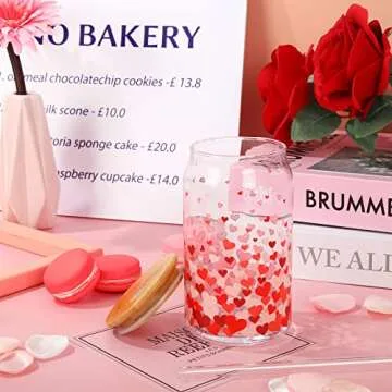 Whaline Valentine's Day Heart Drinking Glasses Set 2Pcs with Bamboo Lids Glass Straw and Cleaning Brushes for Cocktails Whiskey Beer Soda