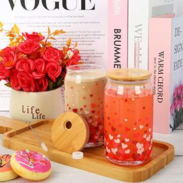 Whaline Valentine's Day Heart Drinking Glasses Set 2Pcs with Bamboo Lids Glass Straw and Cleaning Brushes for Cocktails Whiskey Beer Soda