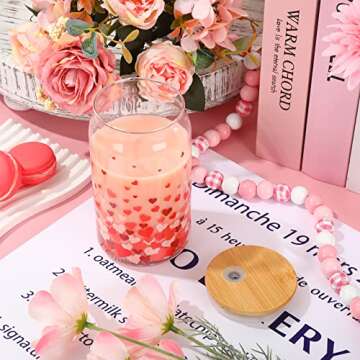 Whaline Valentine's Day Heart Drinking Glasses Set 2Pcs with Bamboo Lids Glass Straw and Cleaning Brushes for Cocktails Whiskey Beer Soda