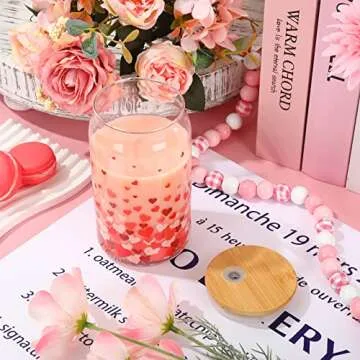 Whaline Valentine's Day Heart Drinking Glasses Set 2Pcs with Bamboo Lids Glass Straw and Cleaning Brushes for Cocktails Whiskey Beer Soda