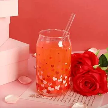 Whaline Valentine's Day Heart Drinking Glasses Set 2Pcs with Bamboo Lids Glass Straw and Cleaning Brushes for Cocktails Whiskey Beer Soda